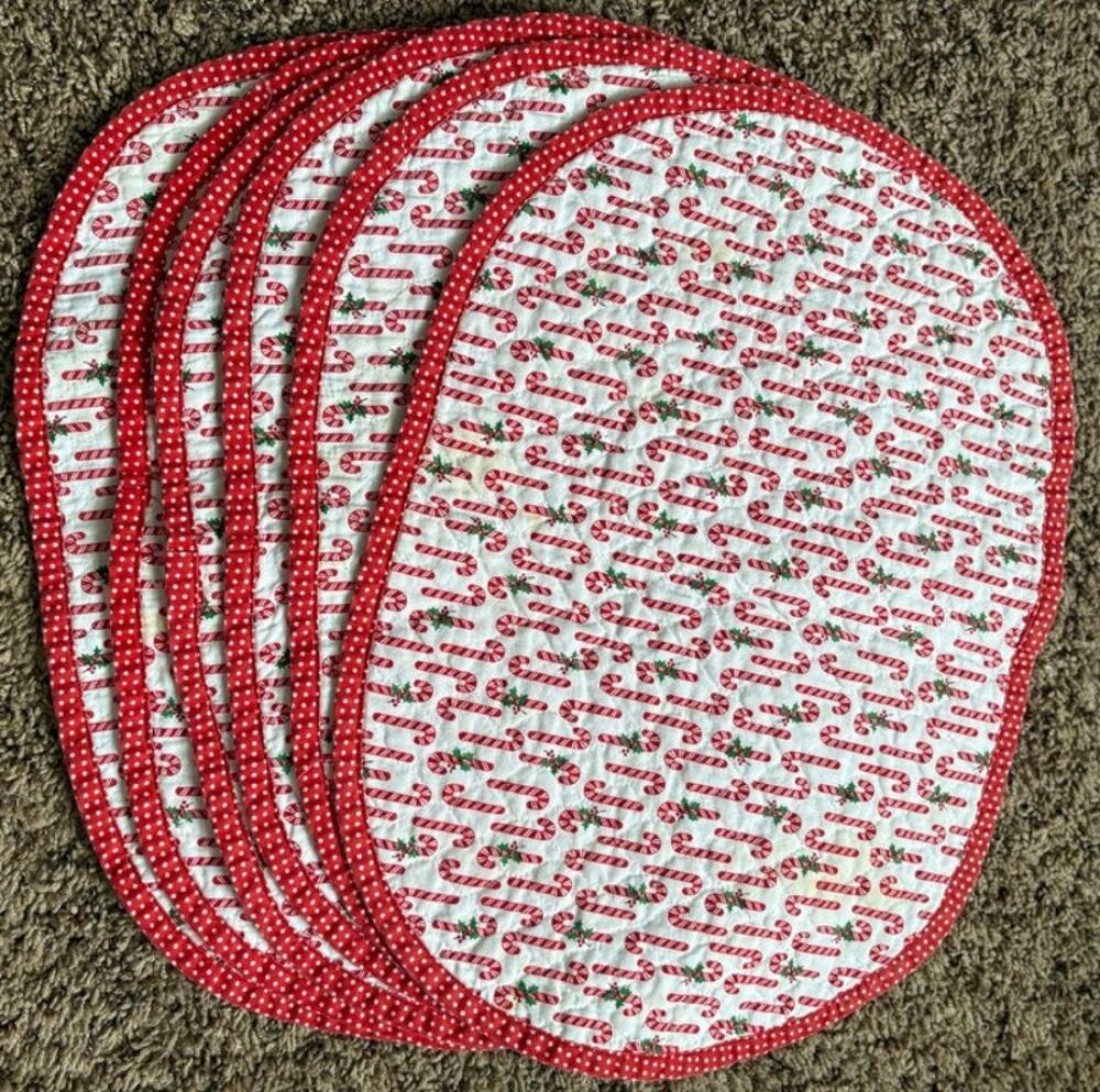 Vintage 70s Handmade Quilted Placemats Candy Cane Red Set of 6